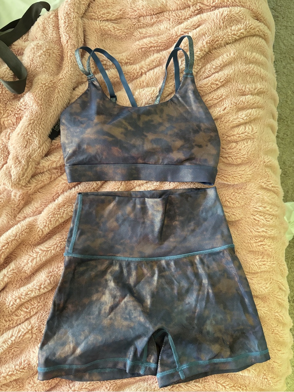 Blue Tie-Dye Sports Bra and High-Waist Shorts Set